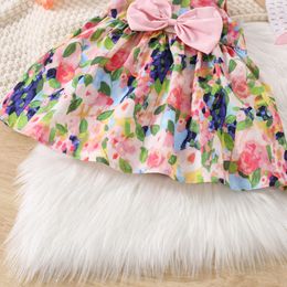 Summer New Baby Girls Dress Hand-Painted Wind Flower Pattern Full Print Suspenders Lightweight + Hat Bow