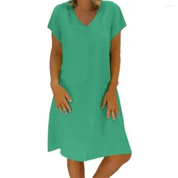 Casual Dresses 2024 Summer For Women Vintage Cotton Linen Midi Dress Loose Short Sleeve V-Neck Beach Holiday Sundress