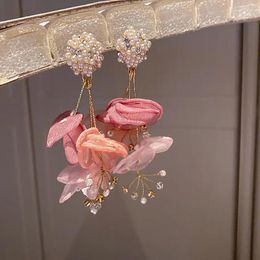 Dangle Earrings Bohemian Pink Big Chiffon Flower For Women Handmade Pearl Crystal Multi Layers Jewellery