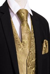 Men039s Vests 4pc Gold Men Waistcoat Vest Party Wedding Handkerchief Tie Classic Paisley Floral Jacquard Pocket Square Suit Set7319818