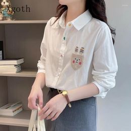 Women's Blouses Xgoth Spring Women Shirts Lapel Cute Long Sleeved White Shirt Slimming Korean Fashion Simple Vintage Casual Female Tops