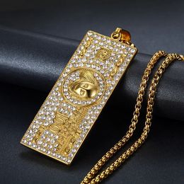 14K Gold US 100 Dollar Money Necklace Pendant For Women Men Hip Hop Iced Out Full Rhinestone Bling Jewellery