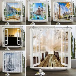 Shower Curtains 3D Print Forest Landscape Bath Curtain Window View Polyester Fabric Natural Scenery For Bathroom Decor
