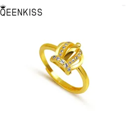 Cluster Rings QEENKISS 24KT Gold Crown Ring For Women Adjustable Zircon Fine Wholesale Jewelry Wedding Party Bride Ladies Girl Gift RG554