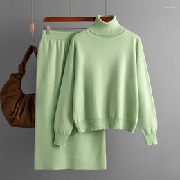 Work Dresses 2 Piece Set Women Autumn Sweater Skirt 2024 Long Sleeve Knitted Turtleneck Pullovers Elastic Split Hip Skirts Suits