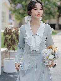 Work Dresses French Style Elegant 2 Piece Sets Women Outfit Fashion Ruffle Lapel Collar Short Top Skirt Set Vintage Blue Autumn/Winter OL