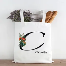 Shopping Bags Custom 26 English Name Letters Flower Bag Personalised Tote White Reusable Alphabet Letter Canvas