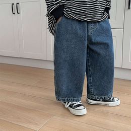 2024 Spring Children Solid Color Straight Jeans Boys Loose All-Match Casual Denim Trousers L2405
