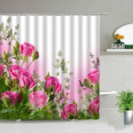 Shower Curtains Pink Rose Flowers Fabric Bathroom Curtain Set With Hooks Waterproof Bath Screens White Yellow Purple Blue Flower