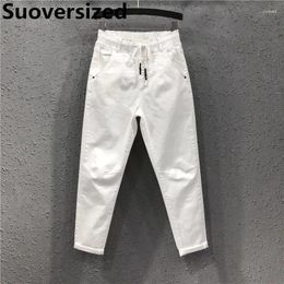 Women's Jeans White Basic Ankle-length Harem For Women Spring Fall Elastic Waist Lace Up Straight Pants Baggy Casual Fashion Vaqueros