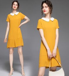 Elegant Yellow Mini Shift Dress Short Sleeve 2022 Summer Runway Designer Ladies Casual Office Dresses Pan Collar Cute Fit Party Co8283118