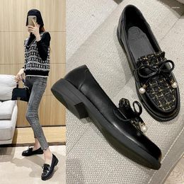 Casual Shoes College Girls Lattices Oxfords Women Round Toe Slip On Loafers Flats Pearl Bow-knot Plaid Small Leather Woman Big Size 43