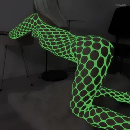 Women Socks One Pieces Luminous Bodysuit Erotic Glowing Hollow Out Bodystockings Sexy Lingerie Mesh Body Mujer Transparente Sex Costumes