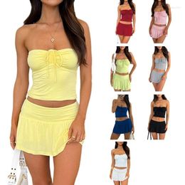 Casual Dresses Womens Sexy 2Pcs Solid Colour Beach Outfit Strapless Ruched Halter String Crop Tube Top And Pleated Ruffle Mini Skirt Set