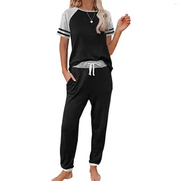 Women's Two Piece Pants 2 Set Patchwork T Shirt And Short Sleeve O-Neck Pullover Leisure Tops Female Outfits