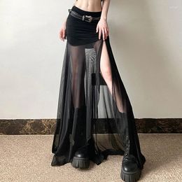 Skirts OMSJ Sexy Goth Black Punk Style High Waist Mesh Patchwrok Semi Perspective Pleated Irregular Slit Mid Skirt Women Y2K Streetwear