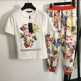 Women Tracksuits Pant Two Pieces Sets Flower Pattern Trousers Printed T Shirts Outwear Jogger Running Sportswear