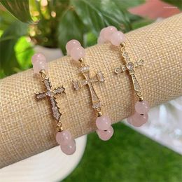 Strand Arrivals 2024 Fashion White CZ Cross Pink Crystal Beaded Bracelet With Tail Chain Women Jewellery