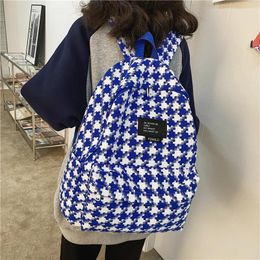 Backpack Korean Blue Lattice Women Big Capacity Waterproof Nylon School Bag Teenager Girls Book Casual Travel Rucksacks