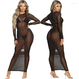 Casual Dresses Sexy Black Maxi Women Long Sleeve Mesh See-through Thin Club Party Bodycon Slim Pyjamas Nightgowns