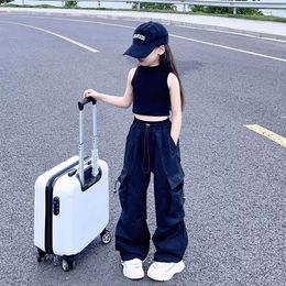 Garotas adolescentes jogadores soltos moda casual infantil calças retas bolsos de design moderno calças de streetwear cool 5-14 y L2405