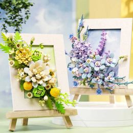 Blocks Bouquet Photo Frame Building Wooden Easel Flower Model Bricks Creative Desktop Decorations Kids Toys Adult Romantic Gifts H240522