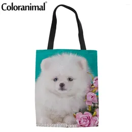 Shopping Bags Coloranimal Pretty Pomeranian With Flower Printing Women Linen Tote Bag Foldable Canvas Shopper Protable Light Grocery Bolsa