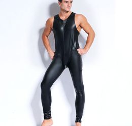 Sexy Men Faux Latex Leather Bodysuits Fetish Gay Sissy Exotic Club Wear Sleeveless Costumes Game Apparel Teddies Jumpsuits Night C4652431