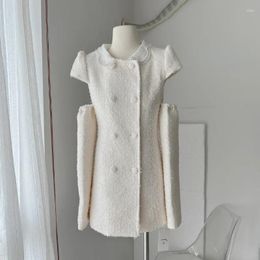 Casual Dresses Doll Collar Small Fragrance Sweet White Dress Female Autumn Winter Puff Long Sleeve Detachable Green Plaid Women Tweed