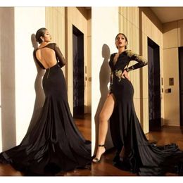 Sexy Black High Slit Mermaid Evening Dresses 2019 With Gold Appliques Long Sleeves Deep V Neck Backless Formal Prom Party Gowns Arabic 0522