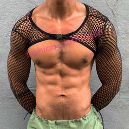 Mens T-Shirts Sexy Mens See Through Transparent Crop Tops Long Sleeve Slim Elastic Mesh T-shirts Streetwear Men Fashion Hollow Short T Shirt