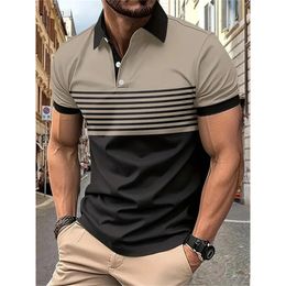 Mens Fashion POLO Shirt Stripe Contrast Printed Tshirt Summer Short Sleeved Lapel Premium Breathable Fitness Top Pullover 240516