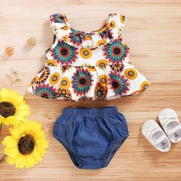 Clothing Sets Infant Baby Girls Sleeveless Ruffles Print Tops Denim Shorts Outfits Girl Clothes 4t