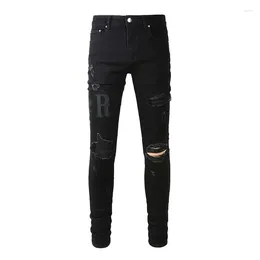 Men's Jeans Black Distressed Damaged Hole Leather Letters Embroidered Patches Skinny Stretch Ripped Comes With Original Tags