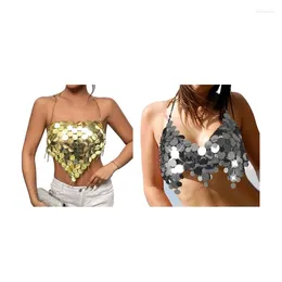 Women's Tanks Womens Glitter Sequins Halter Bikinis Bras Backless Tassels Body Chain Jewellery Camisole Crop Top Party Clubwear