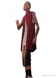 2017 t shirts for menplaid Hip Hop Men Shirt Chris Brown oversized Gold Side Zipper Extended Plaid shirt men casual Red Sleeveless6998989