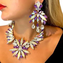 Stonefans Exaggerated Flowers Necklace Earrings Set for Women Wedding Party Statement Rhinestones Jewellery Set Accessories 240522