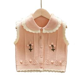 Kids Girls Knitted Cute Flower Sweaters 2023 New Arrival Yellow Pink White Cardigan Tops Spring Autumn Vest Korean Style L2405 L2405