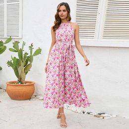 Casual Dresses Summer High Waist Dress Bohemian Beach Style Maxi With Halter Neck Flower Print Women's Sleeveless A-line For A