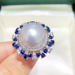 Cluster Rings MeiBaPJ 12-13mm Big White Natural Pearl Fashion Blue Stones Flower Ring 925 Sterling Silver Fine Wedding Jewellery For Women