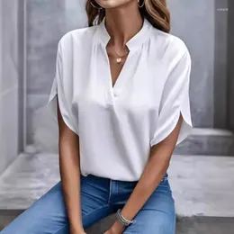 Women's Blouses 2024 Summer Short Sleeve Loose Blouse Femme Casual Ladies V Neck White Top Women Elegant Simple Shirts