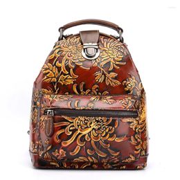 School Bags Vintage Women Genuine Leather Backpack 3D Embossed Floral Real Cow Travel Multifunctional Anti-theft Tote Bag