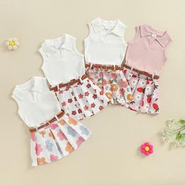 Clothing Sets Pudcoco Toddler Girl Summer Outfit Solid Color Ribbed Knit Tank Tops Flower/Strawberry Print Skirts Belt 2Pcs Clothes Set