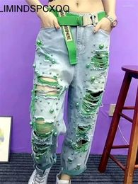 Women's Jeans Summer Women Fashion Beaded Holes Loose Ladies High Waist Personality Thin Denim Harem Pants Female Green Ripped Jean