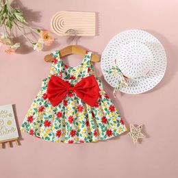 New Baby Girls Flower Bow + Hat A-Line Skirt Halter Light Summer Hawaiian Princess Birthday Party Team Dress