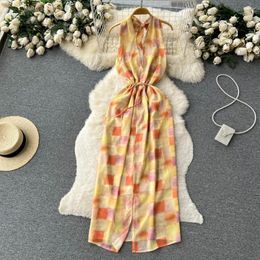Casual Dresses Vintage Lattice Print Lace Up Sleeveless Halter Dress A-line Chic Summer Beach Vestidos Women Vacation Sundress