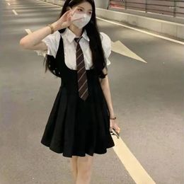 Casual Dresses Summer Korean Version Of The Two-Piece Suit College Style Uniform Bubble Sleeve Shirt Halter Pleated Skirt Small Black Bac