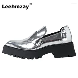 Casual Shoes Leehmzay Size 35-39 Women Loafer Pumps Real Leather Silver Platform Thick High Heel Vintage 2024 Spring Office Lady