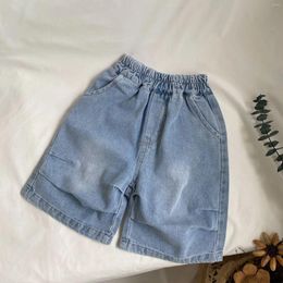 Trousers Korean Style Summer Children Clothing Solid Colour Loose Casual Denim Pants 2024 Boys Girls Pleated Simple All Matching Shorts