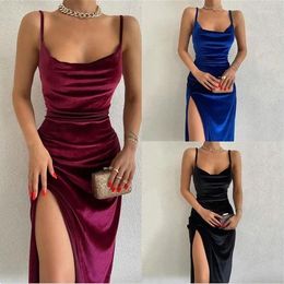 Casual Dresses European And American Summer Sexy Slim Fit Split Velvet Strap Party Dress Women's One Line Neck Sleeveless Long